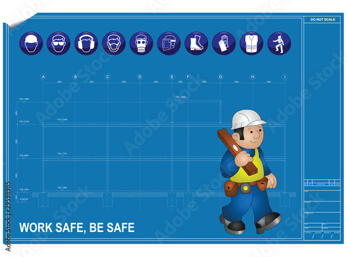 Construction health and Safety against blueprint drawing