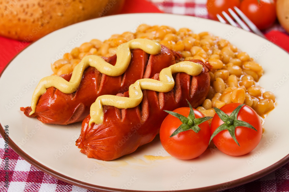 Sausage with beans and mustard