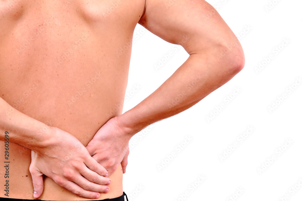 young caucasian man with pain in a back isolated on white