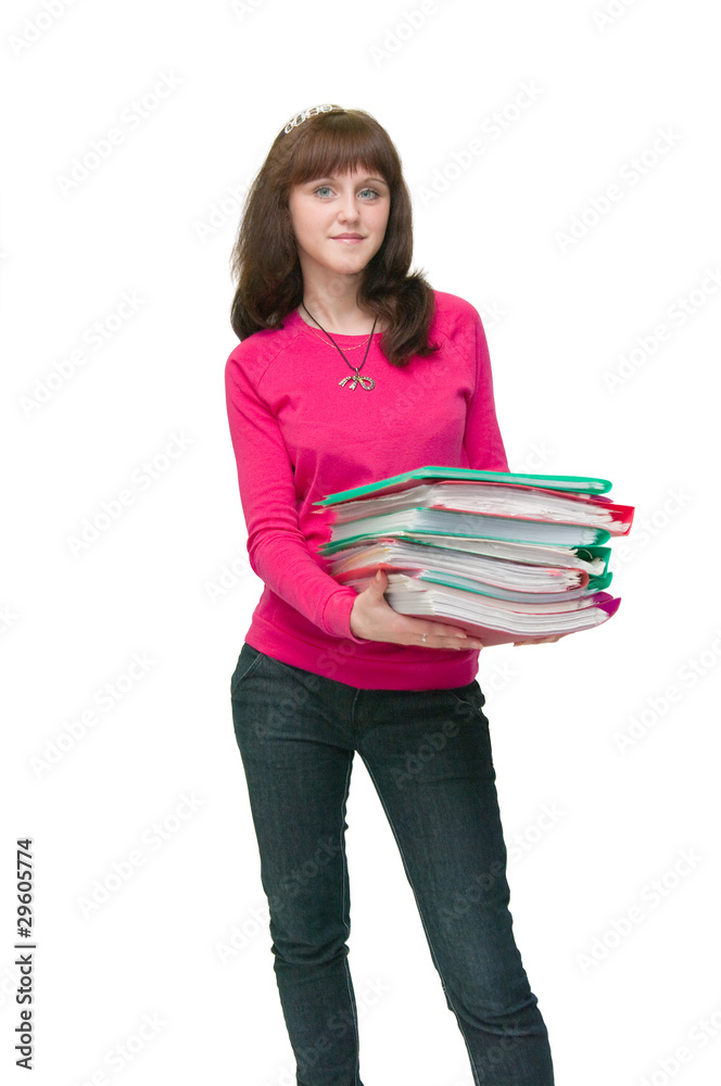 woman holding heavy files on white woman holding heavy files on white