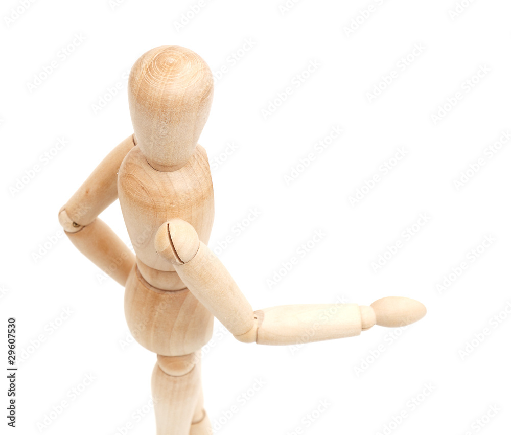 A wooden mannequin greeting isolated against a white background A wooden mannequin greeting isolated against a white background