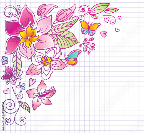 Floral background with butterfly and hibiscus. Doodles.
