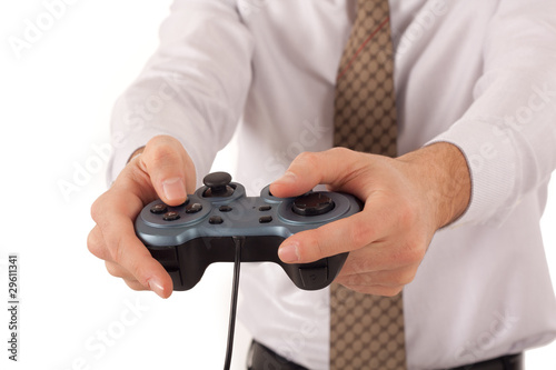 Businessman hands playing with joystick