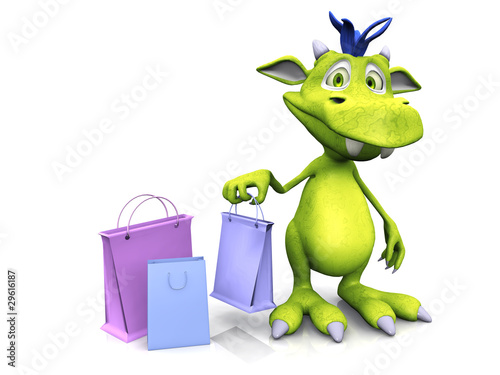 Cute cartoon monster holding shopping bag.
