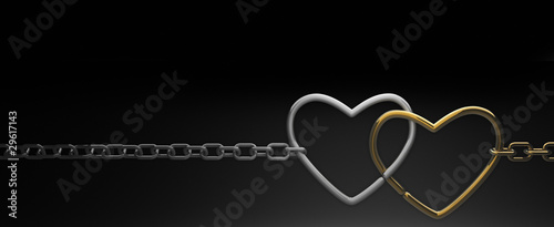 symbols hearts on a chain. on black background . 3d render