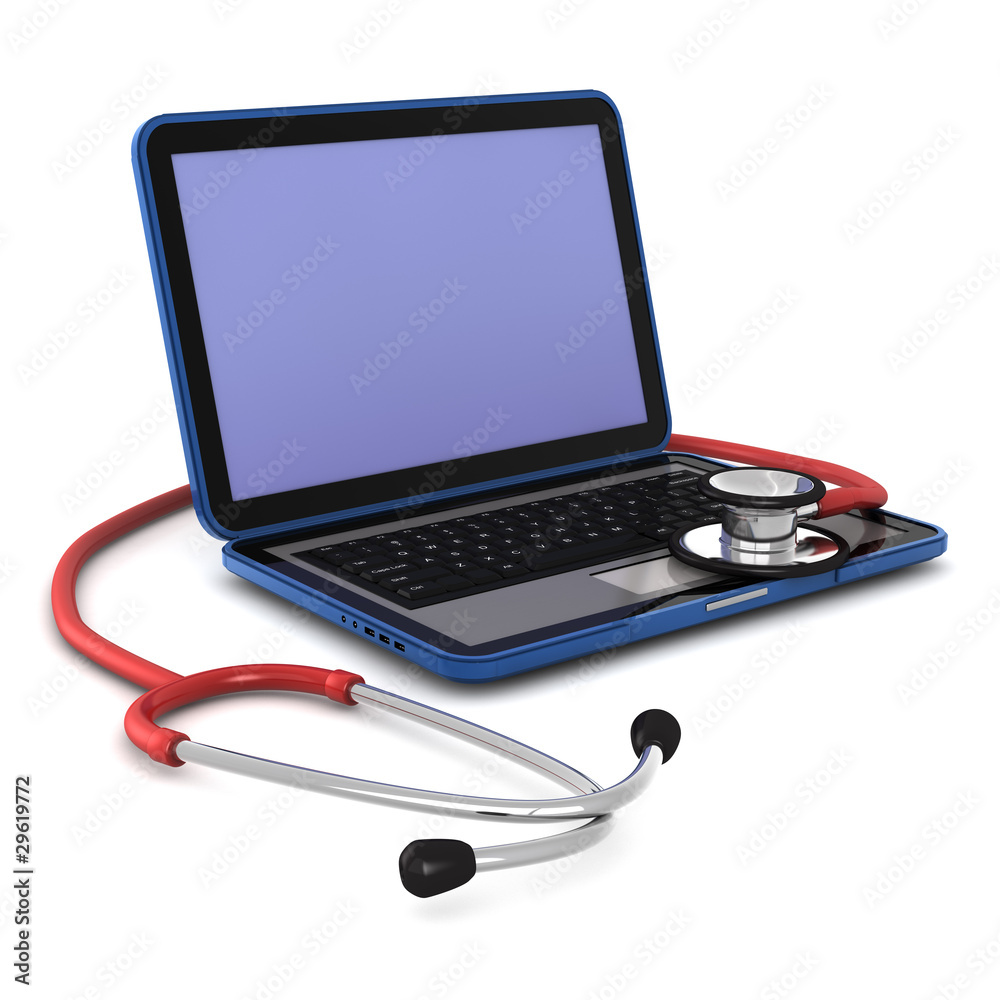 3d laptop with a stethoscope on it isolated on white 3d laptop with a stethoscope on it isolated on white