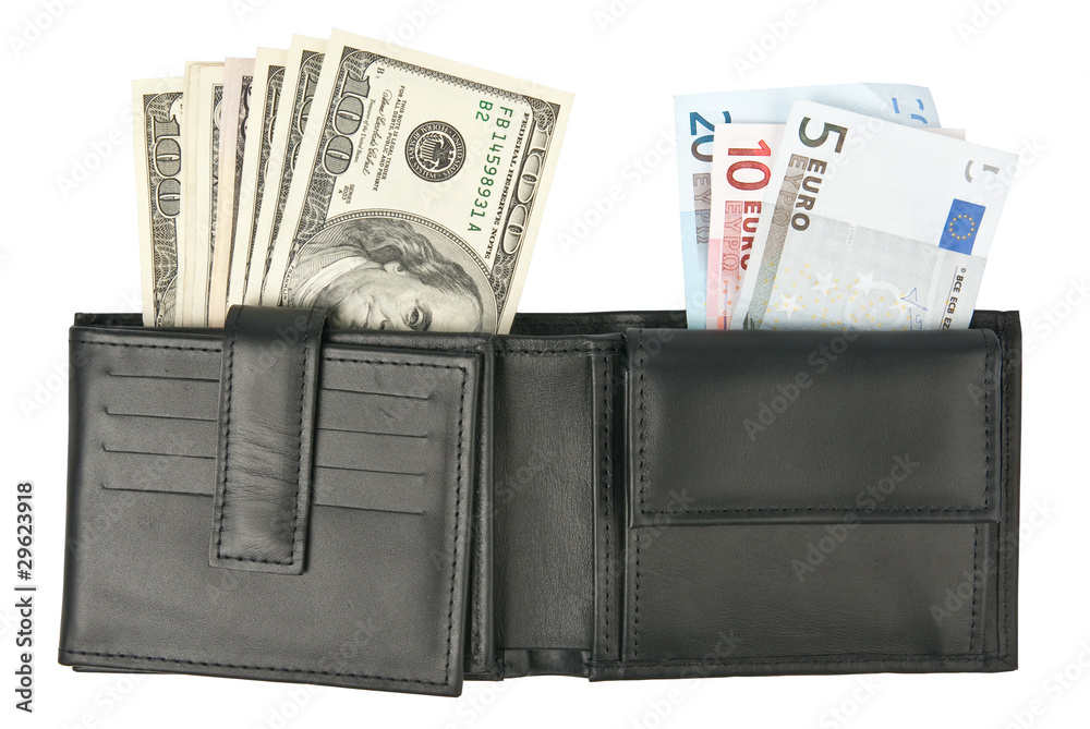 Dollars and euros in black leather wallet over white Dollars and euros in black leather wallet over white