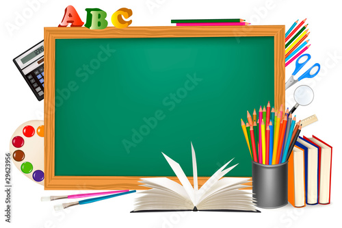 Back to school. Green desk with school supplies. Vector.