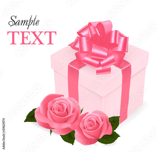 Background with beauty pink roses and gift box. Vector