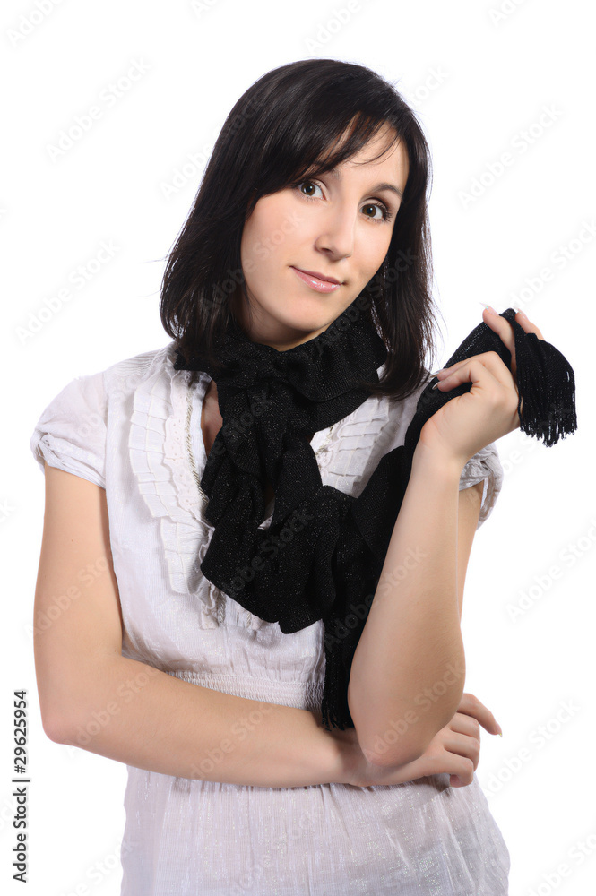 Girl in a white blouse with a black scarf, isolated Girl in a white blouse with a black scarf, isolated