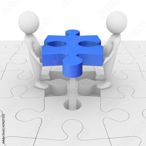 Teamwork: 3D anonymous characters assembling a jigsaw puzzle