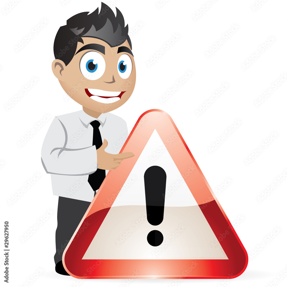 Vecteur Stock Jeune homme au panneau "Attention" | Adobe Stock