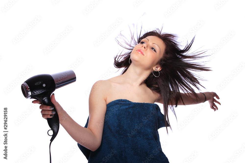woman with fashion hairstyle holding hairdryer woman with fashion hairstyle holding hairdryer