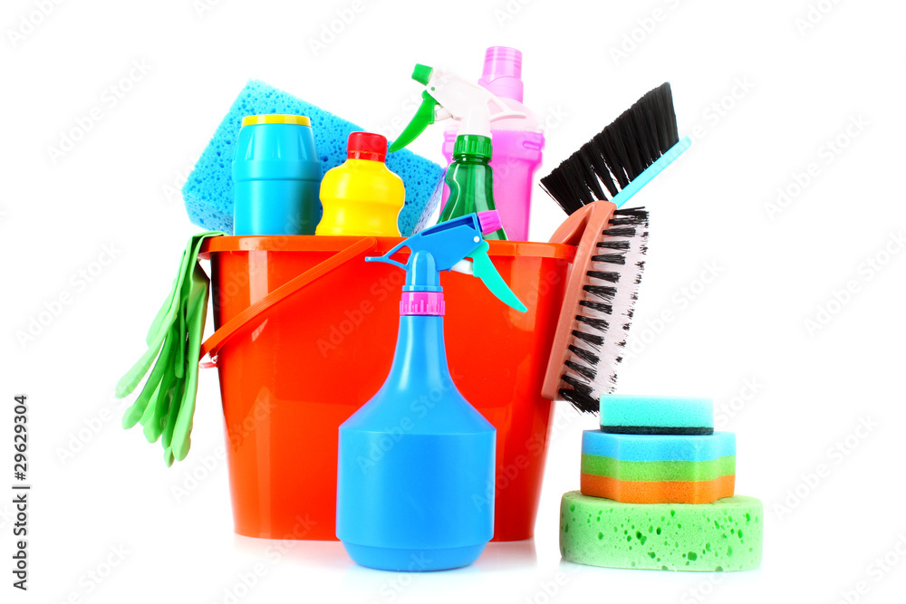 bucket with cleaning supplies isolated on white background bucket with cleaning supplies isolated on white background