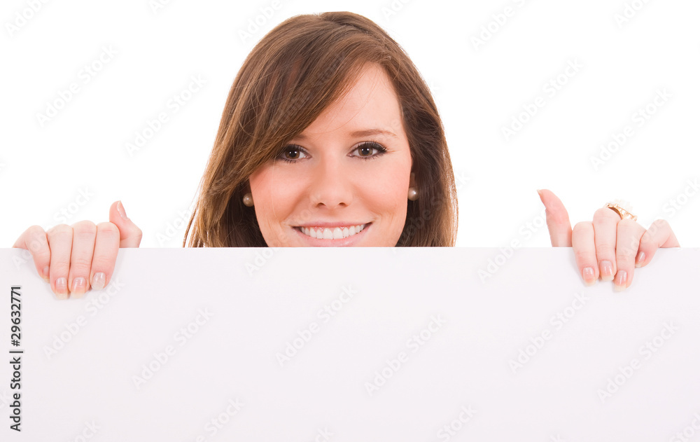 Beautiful woman holding empty white board Beautiful woman holding empty white board