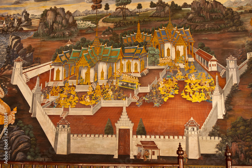 Traditional Thai style art painting on temple's wall