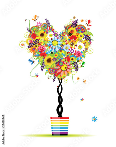 Summer floral tree, heart shape in pot for your design