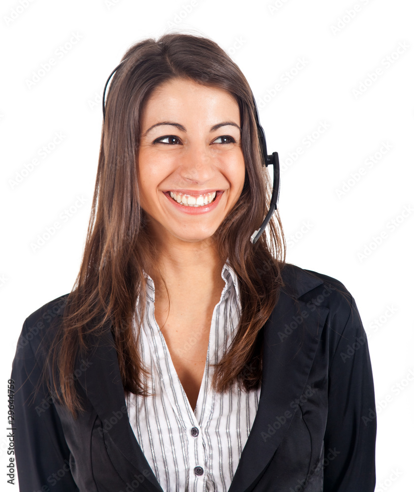 Smiling call center girl with headphones isolated on white Smiling call center girl with headphones isolated on white