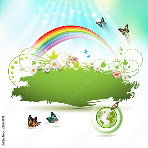 Green Earth background with flowers and butterflies