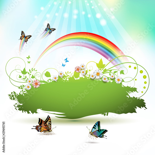 Green background with flowers and butterflies