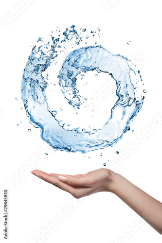 Water figure with human hand isolated on white