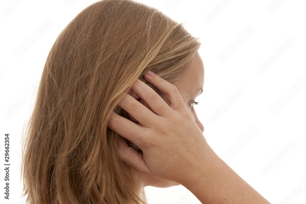 Blonde Frau hat Kopfschmerzen, Ohrenschmerzen Blonde Frau hat Kopfschmerzen, Ohrenschmerzen