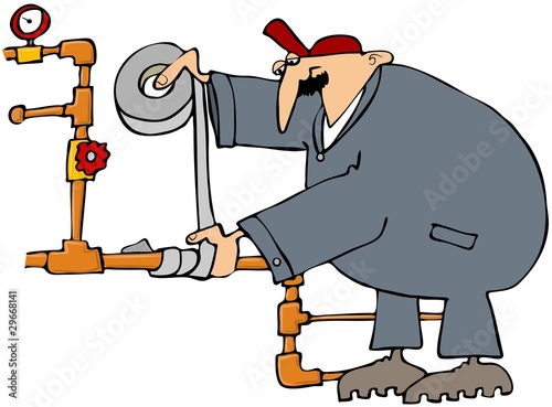Plumber Fixing A Pipe With Duct Tape