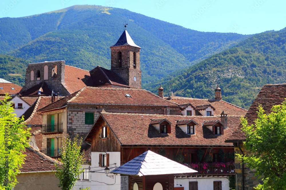 Hecho Valley Pyrenees village roof and mountain Hecho Valley Pyrenees village roof and mountain