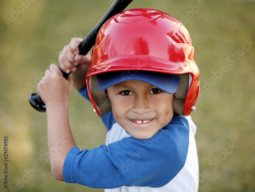 Canvas Print Portrait of Boy with Baseball Bat and Red Helmet