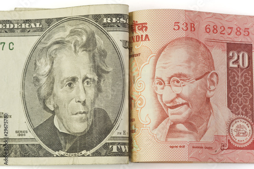 Indian 20 rupees and american 20 dollar bill