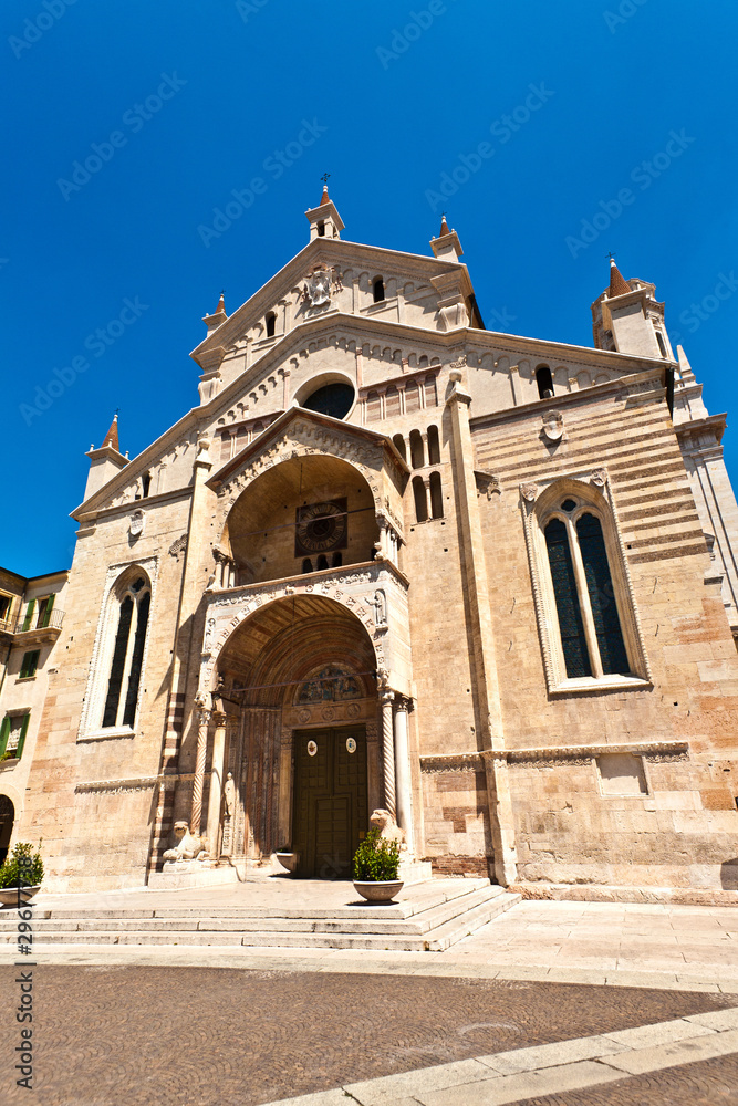 The facade of the catholic middle ages romanic cathedral iof San