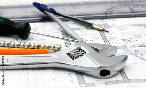 Construction tools and blueprint