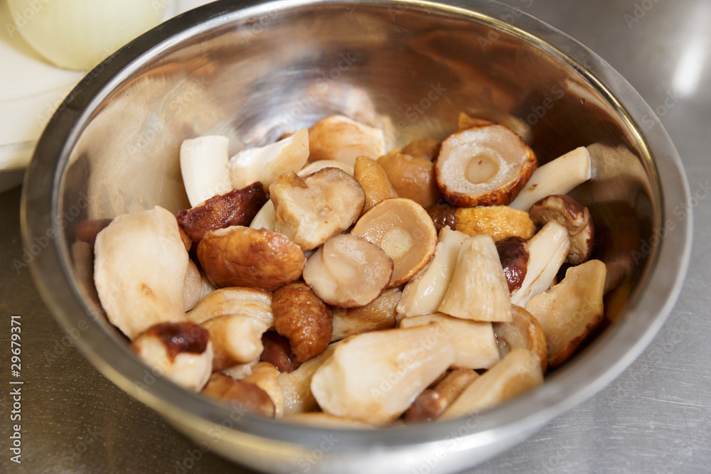 Mushrooms in stainless steel pot Mushrooms in stainless steel pot