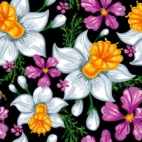 Seamless pattern with narcissus and iris