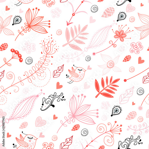 seamless floral pattern with birds in love
