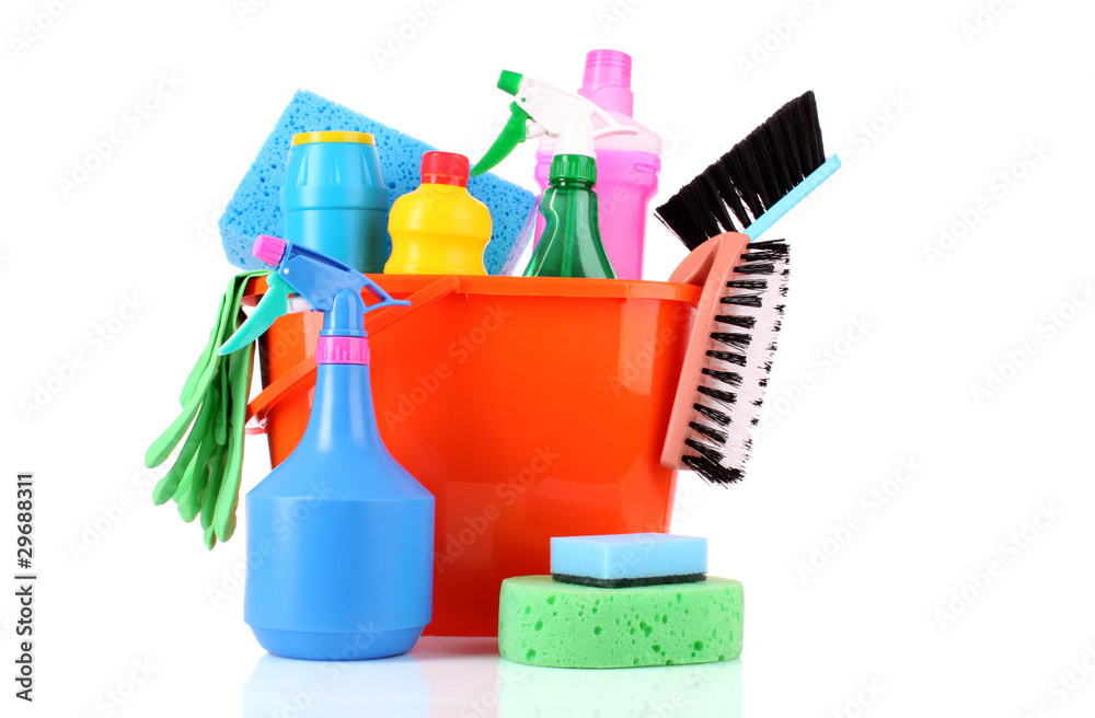 bucket with cleaning supplies isolated on white background bucket with cleaning supplies isolated on white background