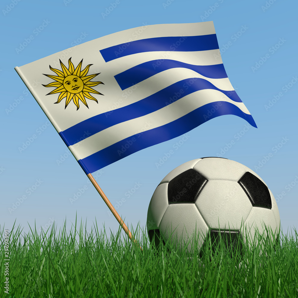 Naklejka premium Soccer ball in the grass and the flag of Uruguay