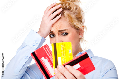 Money Debt Worries, Attractive Young Woman Holding Credit Cards