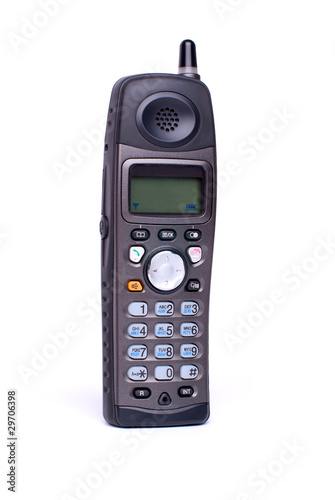 black radio telephone on white background