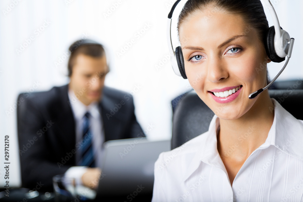 Two support phone operators at workplace Two support phone operators at workplace