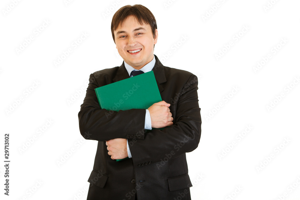 Smiling businessman hugging folder with documents Smiling businessman hugging folder with documents