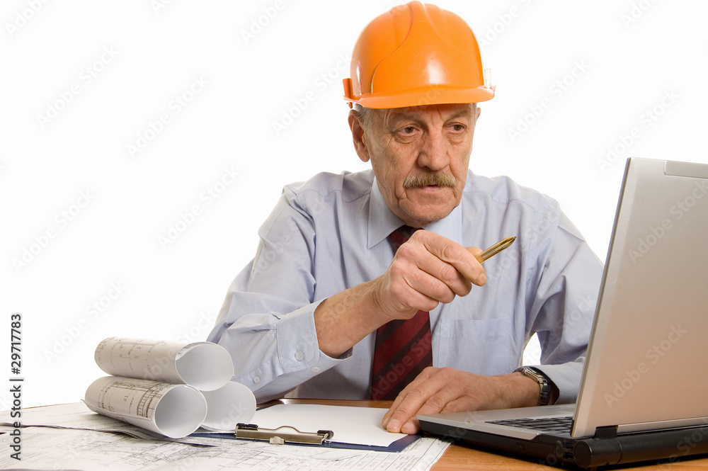 Engineer at the computer isolated on white background Engineer at the computer isolated on white background
