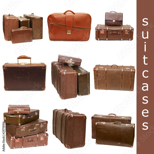 Heap of old suitcases isolated on white. collage