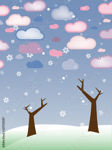 Retro Snowy Landscape with Leafless Trees - Season Winter
