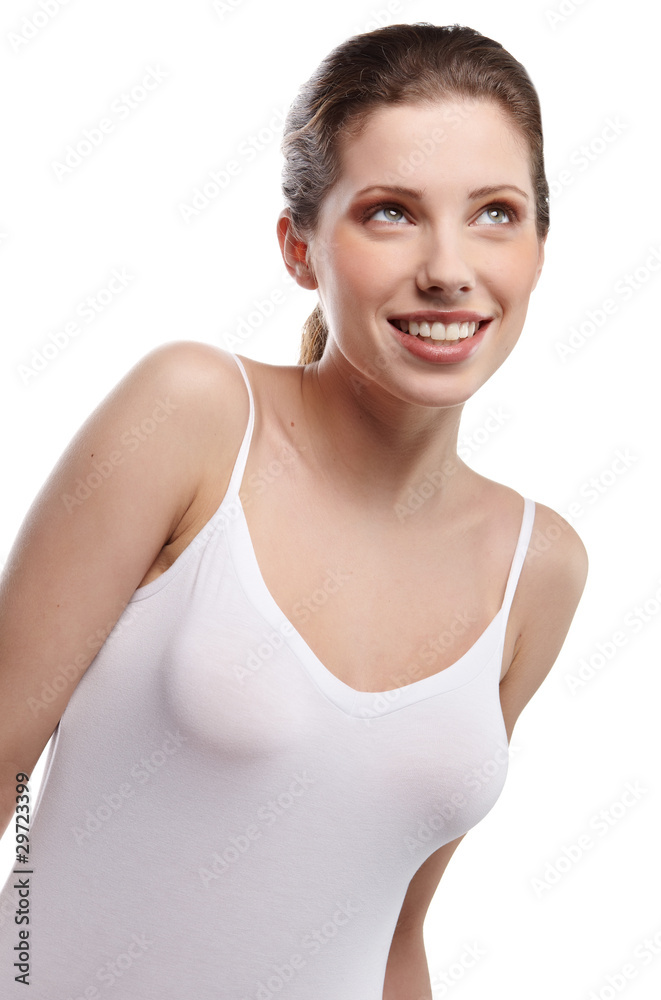 Beautiful young woman face. Isolated over white background Beautiful young woman face. Isolated over white background