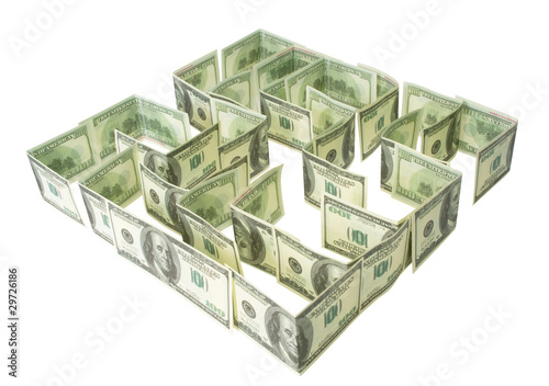 Green dollars labyrinth isolated on the white