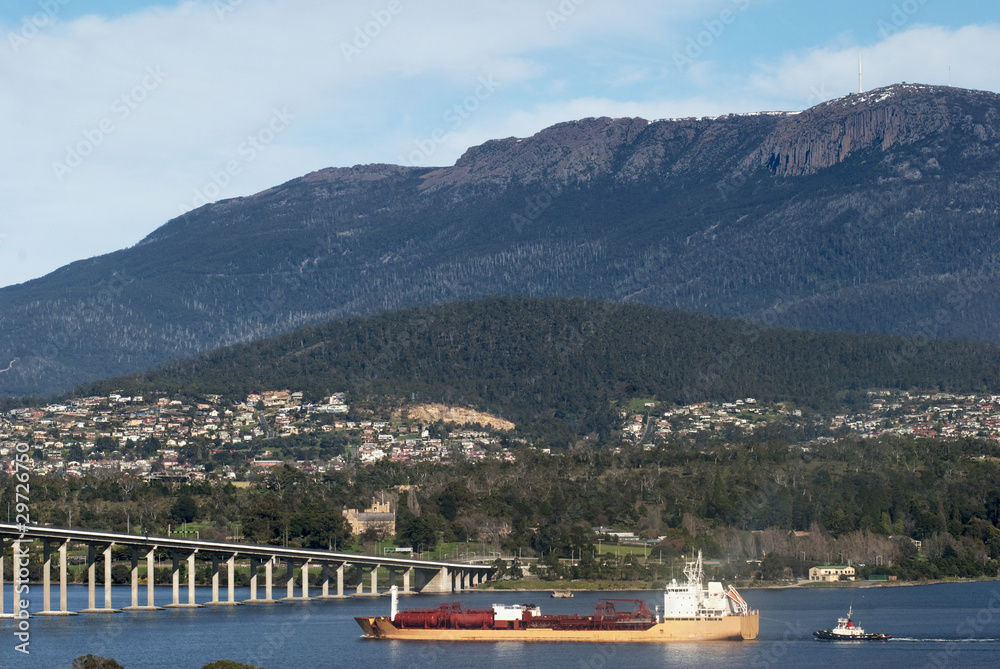 Tanker approaching Tasman Bridge, Hobart, Tasmania