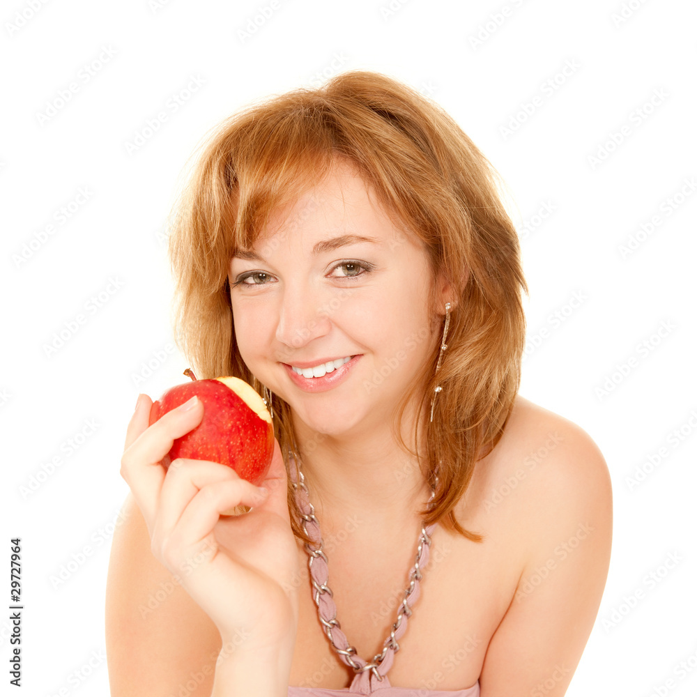 Portrait einer lächelnden jungen Frau mit Apfel Portrait einer lächelnden jungen Frau mit Apfel