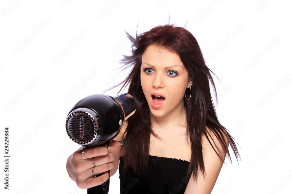 Obraz premium woman with fashion hairstyle holding hairdryer