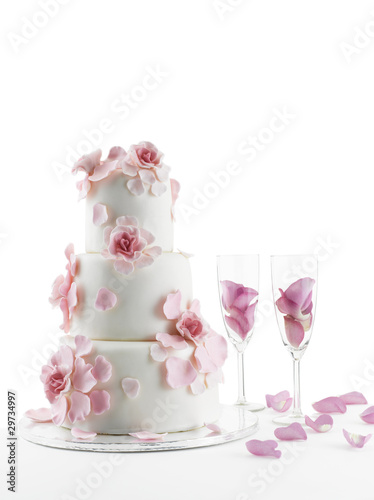 Wedding Cake With Champagne Flute Isolated On White Background